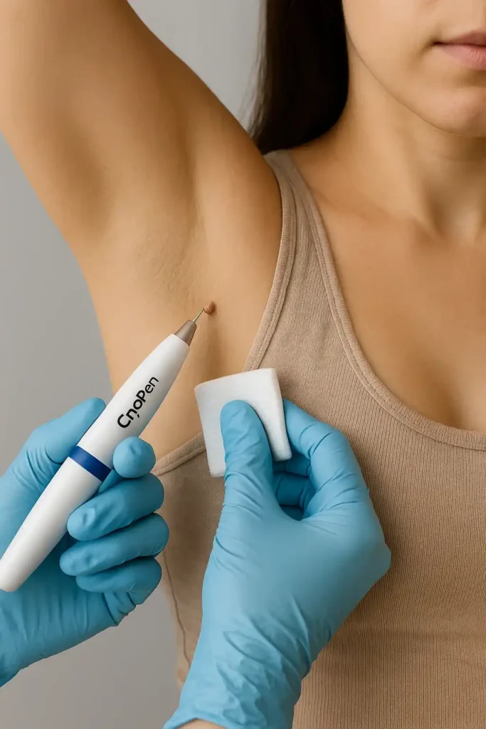 woman having cryopen to remove underarm skin tags Lyndhurst