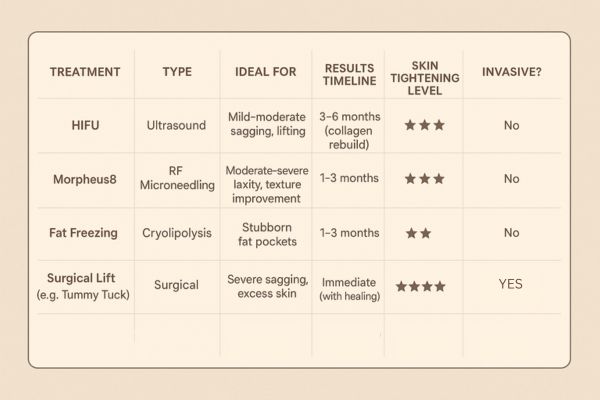 Table showing the comparisons of Skin tightening Lyndhurst treatment options.